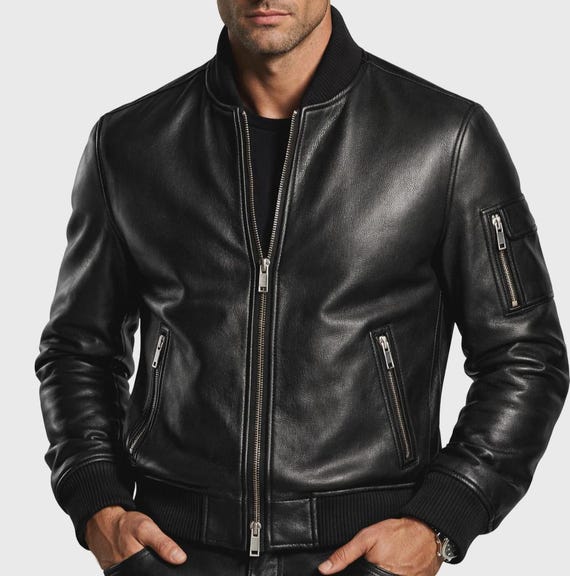 Men's Black Sheepskin Leather Bomber Jacket – Zip Up Style, Ribbed Details