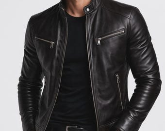 Handgefertigte schwarze Herren Bikerjacke aus echtem Leder - Slim Fit Moto Style Coat