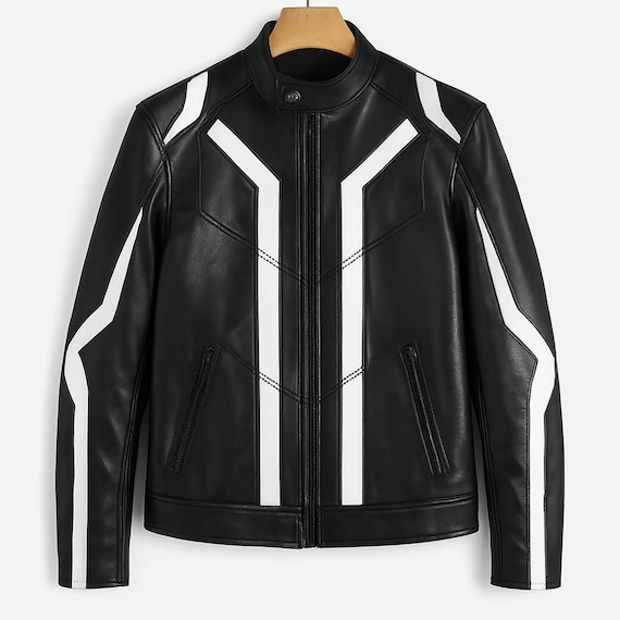 Men’s Black Leather Jacket with White Stripes | Futuristic Biker Jacket | Slim Fit Motorcycle Jacket | Streetwear Cyberpunk Style Coat