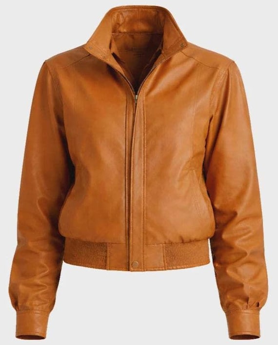 Brown Genuine Leather Cropped Bomber Jacket Women's Casual Fall Style