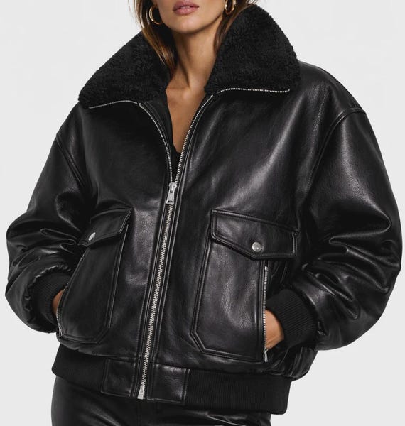 Oversized Black Leather Bomber Jacket with Shearling Collar – Vintage Aviator Street Style Coat