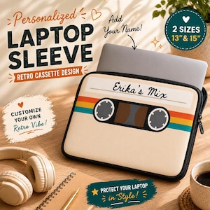 May include: Beige laptop sleeve with a retro cassette design. The sleeve has a black zipper and features the text "Erika's Mix" and colorful stripes. Available in 13" and 15" sizes. The text "Personalized Laptop Sleeve" is also visible.