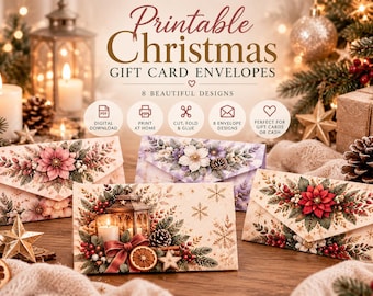 Printable Christmas Gift Card Envelopes, 8 Designs, Instant Digital Download