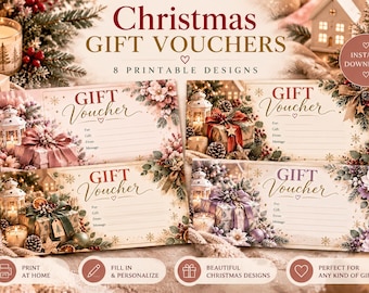 Printable Christmas Gift Vouchers, 8 Holiday Designs (Digital Download)