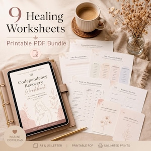 May include: A digital tablet displaying a Codependency Recovery Workbook cover with a line art illustration of a person, surrounded by nine printable PDF worksheets including an emotion wheel, boundary trackers, and daily affirmation cards.