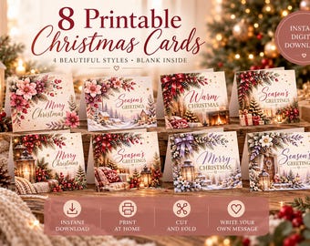 8 Printable Christmas Cards, Holiday Greeting Set (Digital Download)