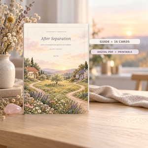 Peut inclure: Un jeu de cartes rectangulaire intitulé After Separation avec le sous-titre Card conversations for parents and children, 16 cards, 8 activities par Elyse Vale. La couverture présente une peinture de paysage avec deux maisons et des fleurs.