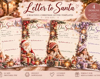 Printable Letter to Santa Templates | 4 Christmas Designs for Kids (Digital Download)
