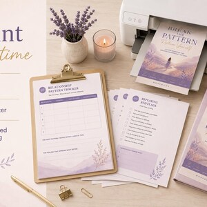 May include: A collection of printed workbook pages titled Break the Pattern, including a relationship pattern tracker on a clipboard, a red flags checklist, and a cover page, displayed with a printer, a lavender vase, and a pen.