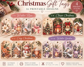 Printable Christmas Gift Tags Bundle, 16 Holiday Designs (Digital Download)