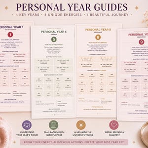 Pode incluir: Quatro cartões retangulares de guia do ano pessoal com temas de numerologia para os anos 1, 5, 8 e 9. Cada cartão inclui um círculo numerado, guias de energia trimestrais, planejadores de intenções mensais e afirmações anuais.