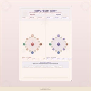 Könnte beinhalten: Ein Kompatibilitätstabelle mit dem Titel "COMPATIBILITY CHART" und Abschnitten für "PERSON A" und "PERSON B". Die Tabelle enthält Diagramme mit Kreisen und dem Wort "DESTINY". Es gibt auch einen Abschnitt für "SHARED ENERGY NUMBERS".