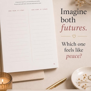 May include: A printable planner page titled Future Visualization with columns for One Year, If I Stay and One Year, If I Leave. The text reads Imagine both futures. Which one feels like peace? Icons indicate Printable PDF, Instant Download, Unlimited Printing, and A4 & US Letter sizes.