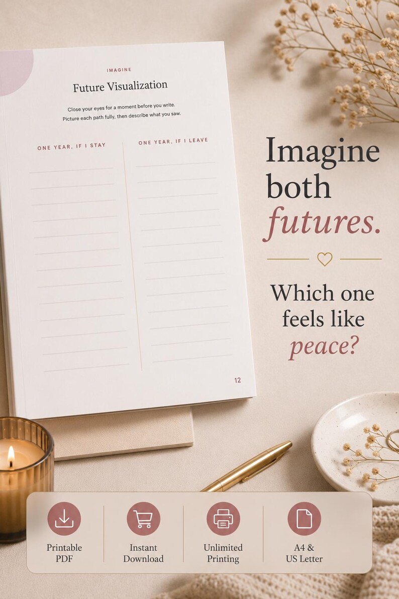 May include: A printable planner page titled Future Visualization with columns for One Year, If I Stay and One Year, If I Leave. The text reads Imagine both futures. Which one feels like peace? Icons indicate Printable PDF, Instant Download, Unlimited Printing, and A4 & US Letter sizes.