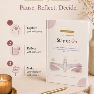 May include: A white workbook titled Stay or Go with a watercolor illustration of a person on a path. The cover includes the text Premium Edition Clarity Workbook. A gold pen lies in front of the book, which is displayed next to a candle and text.