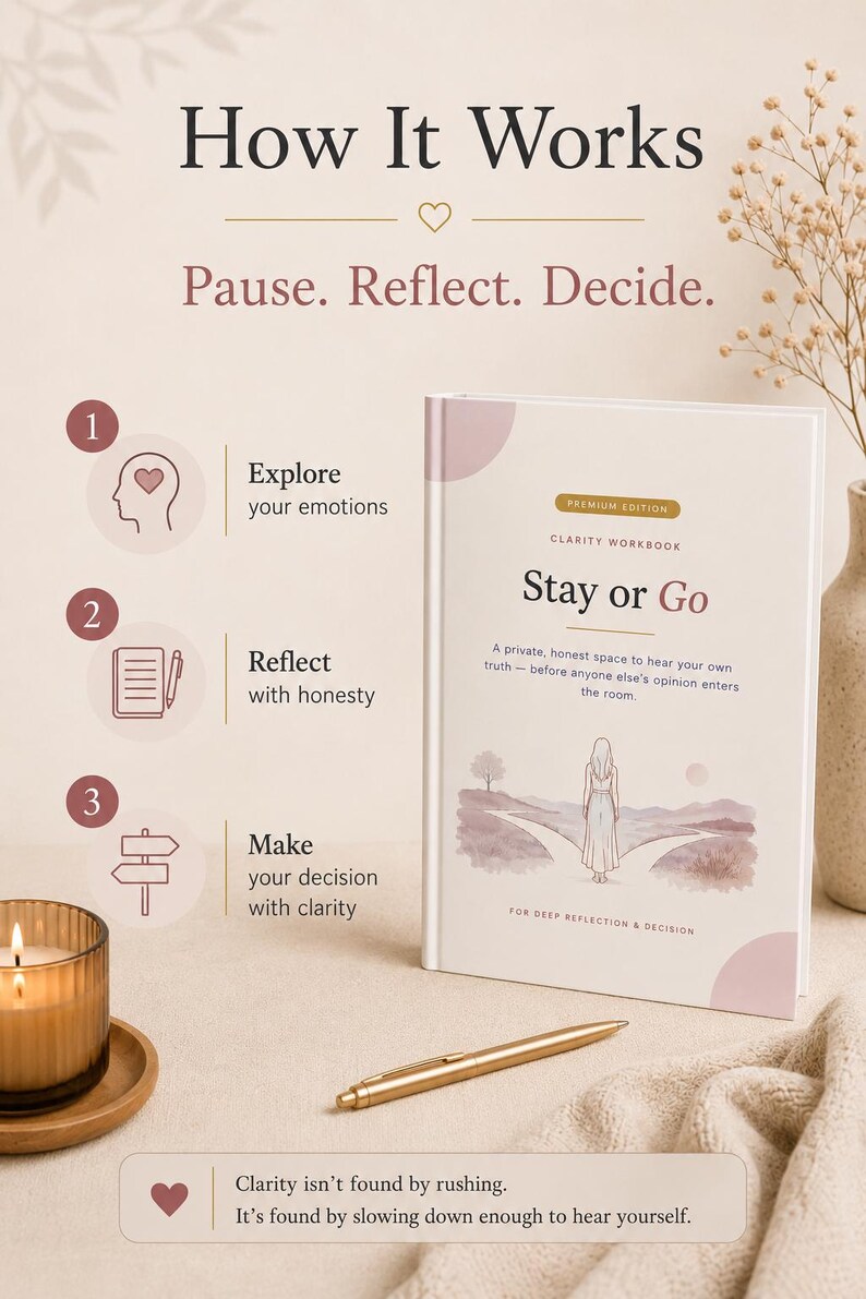 May include: A white workbook titled Stay or Go with a watercolor illustration of a person on a path. The cover includes the text Premium Edition Clarity Workbook. A gold pen lies in front of the book, which is displayed next to a candle and text.