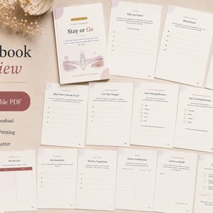May include: A printable workbook titled Stay or Go, featuring a cover with a path illustration and multiple interior pages with prompts like Why Am I Here, What Stays, What Still Works, and My Decision, presented in a clean, minimalist layout.