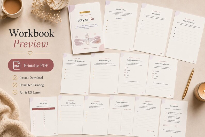 May include: A printable workbook titled Stay or Go, featuring a cover with a path illustration and multiple interior pages with prompts like Why Am I Here, What Stays, What Still Works, and My Decision, presented in a clean, minimalist layout.