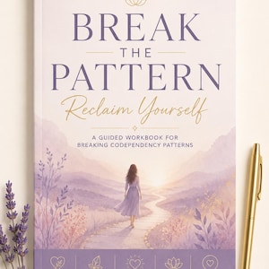 May include: A softcover book titled Break the Pattern Reclaim Yourself, A Guided Workbook for Breaking Codependency Patterns. The cover features a purple and white landscape illustration of a person walking on a path toward a sunrise.