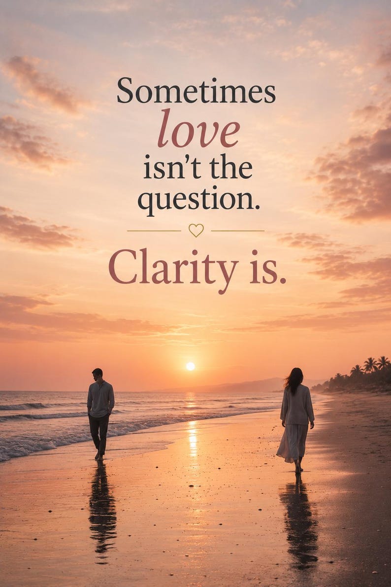 May include: A sunset beach scene featuring two figures walking along the shoreline with the text: Sometimes love isn't the question. Clarity is. The sky is filled with soft orange and pink clouds above the calm ocean waves and sandy beach.