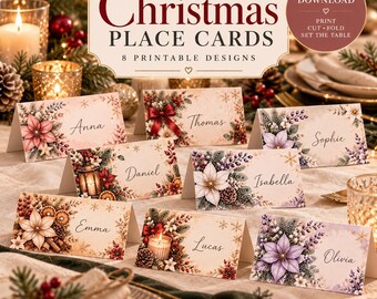 Printable Christmas Place Cards | 8 Holiday Table Name Cards (Digital Download)