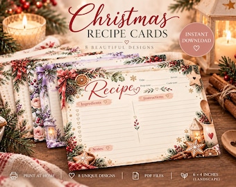 Printable Christmas Recipe Cards, 8 Holiday Designs (Digital Download)