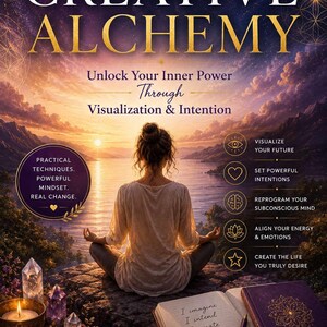 Puede incluir: Una portada de libro titulada Creative Alchemy de Elya Vale que muestra a una persona meditando en un acantilado al atardecer. El texto incluye: Imagine. Intend. Transform. Unlock Your Inner Power Through Visualization & Intention. Se ven cristales, una vela y un diario abierto con texto escrito a mano.