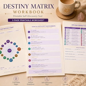 May include: A three-page Destiny Matrix workbook featuring a chart, calculation instructions, and an Arcana energy guide. The pages are printed on white paper with purple text and graphics, detailing self-discovery steps and numerical formulas.