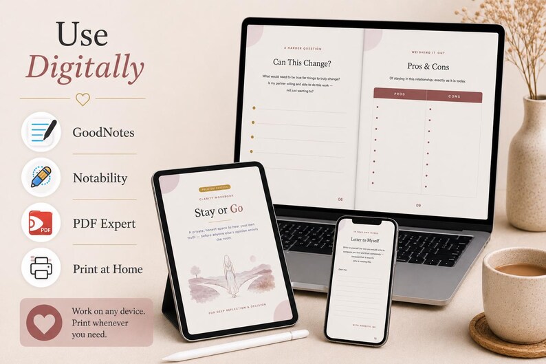 May include: A digital workbook displayed on a laptop, tablet, and smartphone screen. The workbook pages feature text including "Stay or Go," "Can This Change?," and "Pros & Cons." A stylus rests on the surface, and a list of compatible apps is shown.
