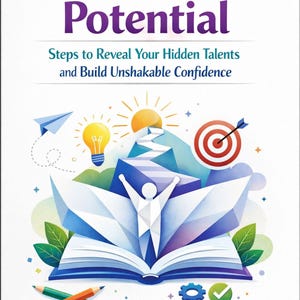 Puede incluir: Portada de libro ilustrada con el título "Unfold Your Potential" en azul y morado. La imagen presenta una persona con los brazos levantados emergiendo de un libro abierto, con una bombilla, un objetivo y una montaña en el fondo.