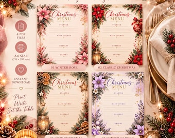 4 Christmas Menu Templates | Holiday Dinner Table Decor (A4 PDF Download)