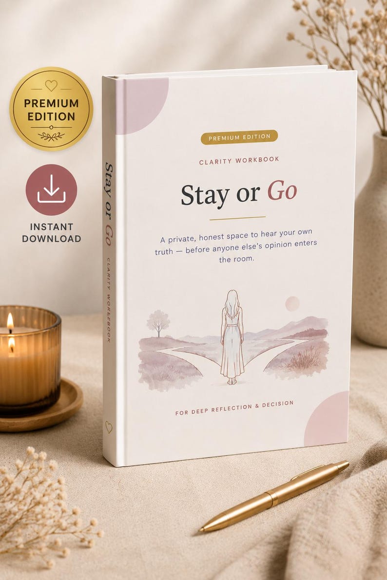 May include: A white workbook titled Stay or Go Clarity Workbook with a soft pink and beige watercolor illustration of a person standing at a fork in a path. The cover features the text A private, honest space to hear your own truth.