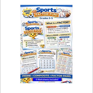 Puede incluir: Hojas de trabajo educativas tituladas "Sports Factor Fun!" para los grados 3-5. Las hojas de trabajo cubren factores, números primos y números compuestos. Incluye gráficos con temas deportivos y el texto "6 Worksheets Included."