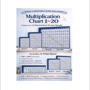 Multiplikationstabelle 1-20 Poster Bundle – Klassenzimmer & Heimschule Wandkunst (PDF + JPEG Download)