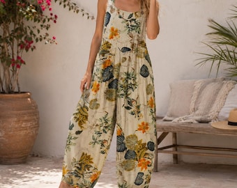 Women’s Floral Jumpsuit, Wide Leg Overalls, Sleeveless Loose Fit Jumpsuit with Pockets, Summer Holiday Outfit, Boho Jumpsuit
