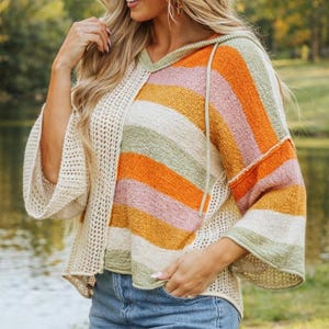 Women’s Striped Open Knit Sweater, Lightweight Mesh Pullover, Oversized Long Sleeve Summer Top, Beach Cover Up, Boho Layering