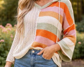 Suéter de punto calado a rayas para mujer, jersey ligero de malla, top de verano de manga larga extragrande, pareo de playa, estilo bohemio para superponer capas