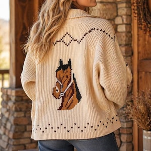 Horse Cardigan for Women, Knit Button Up Cardigan, Cute Animal Sweater, Korean Style Knitwear, Cozy Casual Layering Top