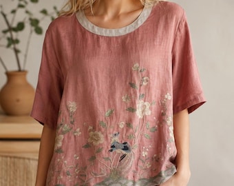 Embroidered Linen Top, Boho Summer Blouse, Loose Fit Top, Vintage Floral Shirt, Cottagecore Top, Vacation Outfit