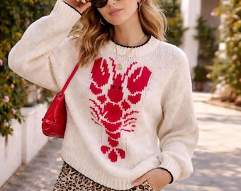 Lobster Sweater for Women, Chunky Knit Jumper, Cute Graphic Knit Sweater, Cozy Pullover, Long Sleeve oversized Sweater, Gift for Her
