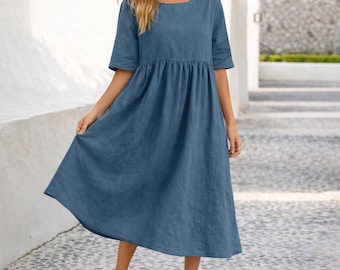 Abito lungo da donna in lino, abito estivo ampio con tasche, abito casual a maniche corte, abito lungo in stile cottagecore, completo per le vacanze