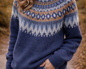 Fair Isle Knit Sweater for Women | Nordic Geometric Crewneck Sweater | Cozy Winter Jumper | Soft chunky knit top