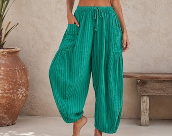 Pantalones de mujer con cordón ajustable y bolsillos, pantalones holgados a rayas, pantalones cómodos de cintura alta, pantalones harem bohemios, pantalones de verano