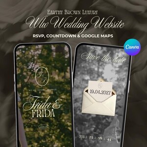 Puede incluir: Dos teléfonos inteligentes que muestran una plantilla de sitio web de bodas en tonos marrones tierra. Las pantallas muestran texto que incluye Earthy Brown Luxury, Wlw Wedding Website, RSVP, Countdown & Google Maps, Save the date, 19.04.2027, Frida & FRIDA.
