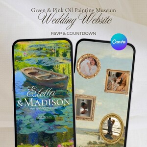 Green & Pink Oil Painting Wedding Website | Canva Template | Editable Wedding Invitation | Interactive RSVP