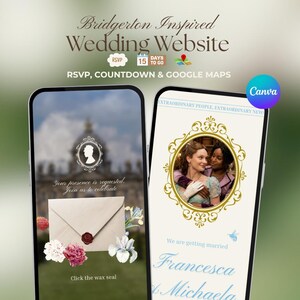 Può includere: Due smartphone che mostrano un modello di sito web per matrimoni. Lo schermo sinistro mostra una busta con sigillo in ceralacca e il testo 'Your presence is requested. Join us to celebrate'. Lo schermo destro presenta una cornice dorata.