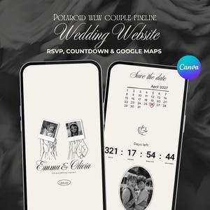 Interactive Polaroid Black and White Wedding Website with FREE WLW Couple Illustrations Collection | Fine Line Mobile Avoid | CanvaTemplate