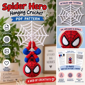 Spindelhjälte Virkmönster PDF, Hängande Spindelnätsväggdekoration, Rödblå Amigurumi-galge, Digitalt Virkmönster, Amerikanska Termer