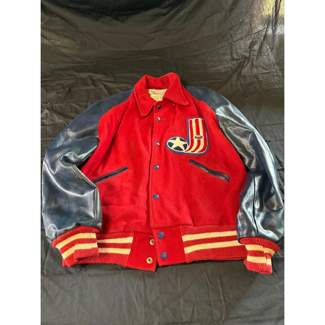 Red J Patch Vintage Red Wool Blue Leather Sleeve Varsity Letterman Jacket Patriotic ...