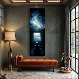 Figure méditative par la fenêtre, toile ciel cosmique surréaliste, art mural nuit de rêve, décoration d'intérieur spirituelle abstraite, oeuvre d'art atmosphère mystique